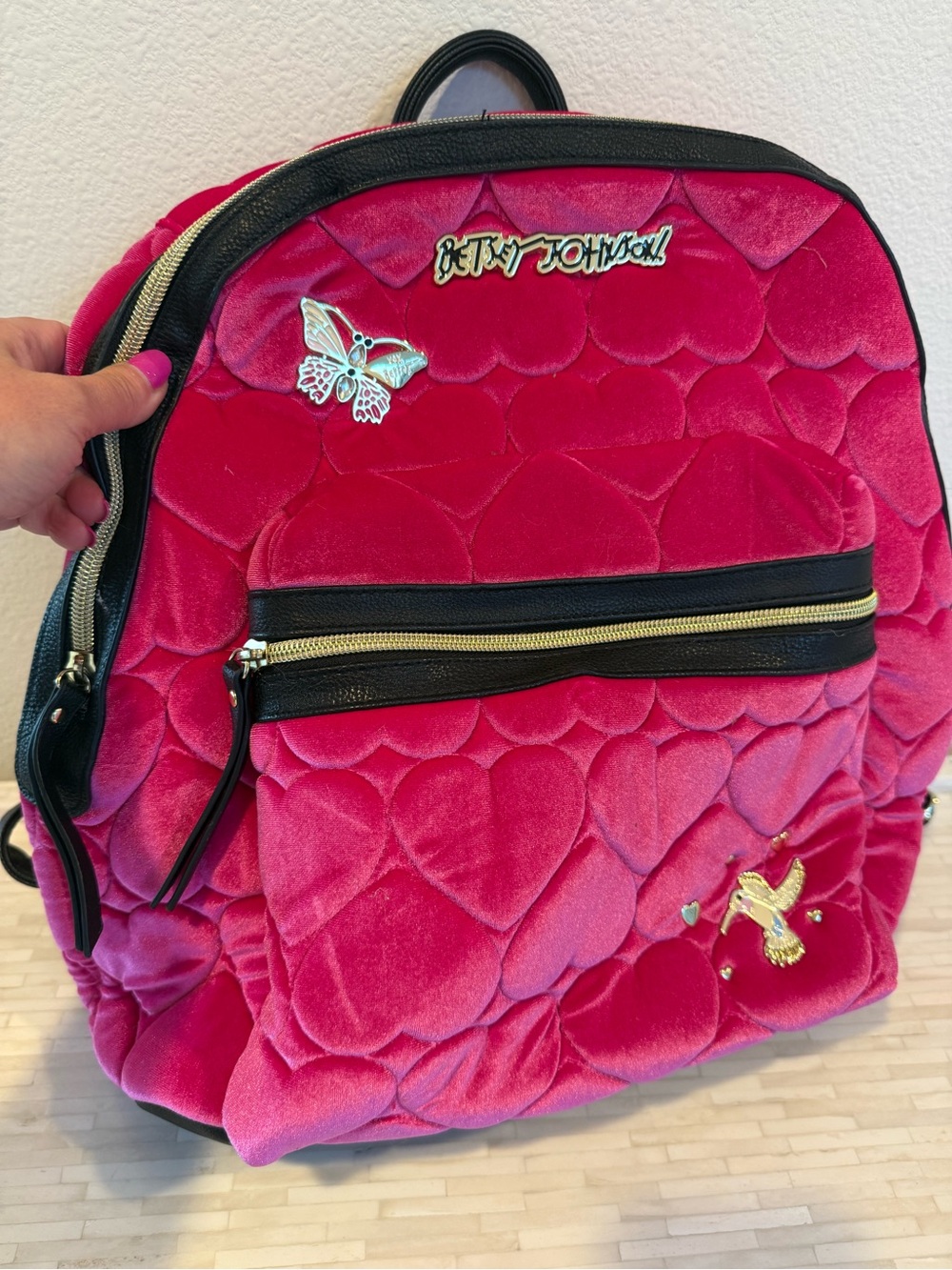 Betsey Johnson Black Lined Floral Interior with Pink Roses
